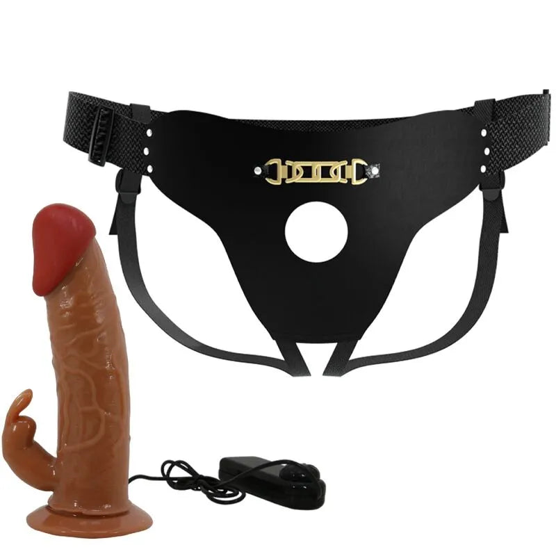 Gode ceinture vibrant marron forme lapin, étanche, avec sangles réglables et télécommande, double stimulation.