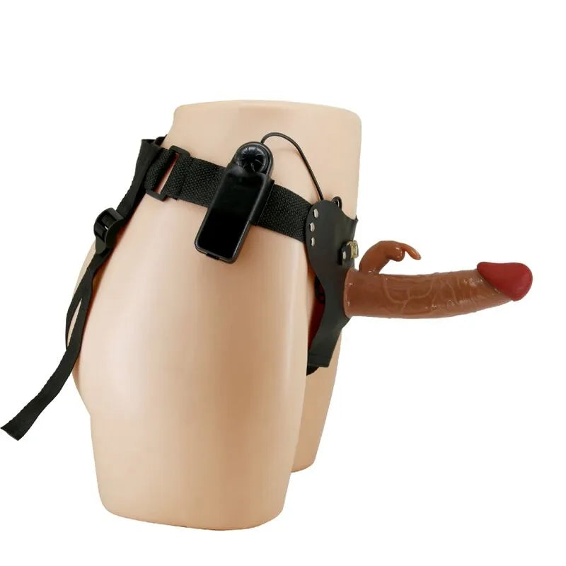 Gode ceinture vibrant marron en forme de lapin, étanche, avec sangles réglables et télécommande filaire pour double stimul...