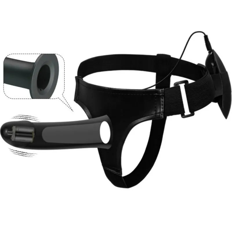 Gode-ceinture vibrant noir 17cm avec harnais réglable, moteur puissant, télécommande, pour dysfonction érectile.