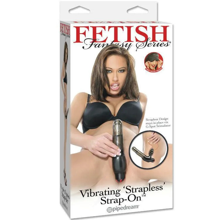 Gode ceinture vibrant sans bretelles, double courbé, plug bulbeux nervuré, stimulation mains libres, silicone ergonomique.