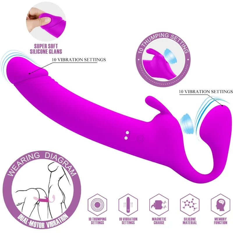 gode ceinture sans bretelles silicone rechargeable magnétique dix modes vibration percussion puissant compact discret hypoallergénique étanche ergonomique polyvalent intime couple
