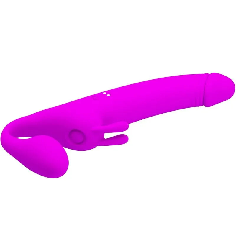 Gode-ceinture vibrant rose sans bretelles en silicone, forme ergonomique, rechargeable, dix modes de vibration, étanche.