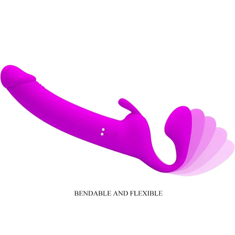 Gode-ceinture vibrant sans bretelles en silicone rose, ergonomique, rechargeable, étanche, avec modes de vibration variés.