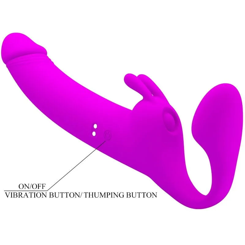 Gode-ceinture vibrant sans bretelles en silicone rose, forme ergonomique, rechargeable, dix modes de vibration, étanche.