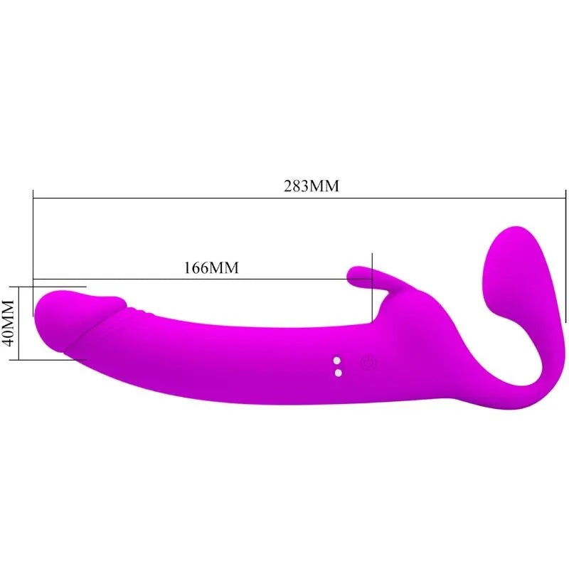 Gode-ceinture vibrant sans bretelles en silicone rose, forme ergonomique, rechargeable, étanche, 10 modes vibration.