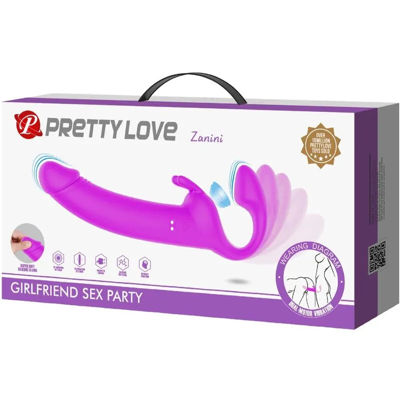 Gode-ceinture vibrant sans bretelles en silicone rose, rechargeable, étanche, avec dix modes de vibration.