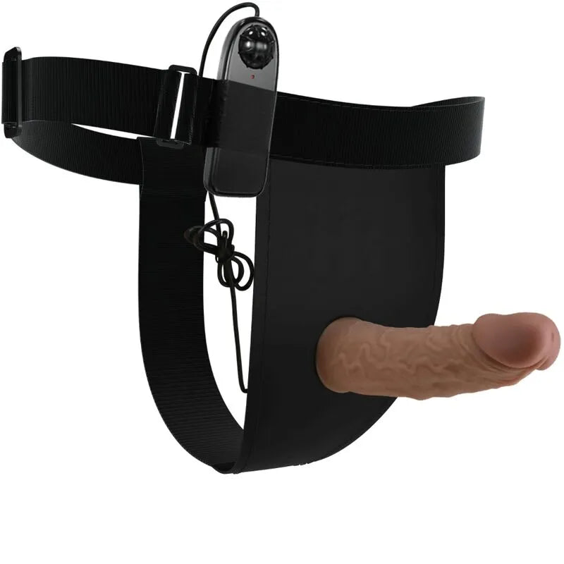 Gode ceinture vibrant silicone marron, harnais noir réglable, imperméable, ergonomique, vibrations ajustables, silencieux.