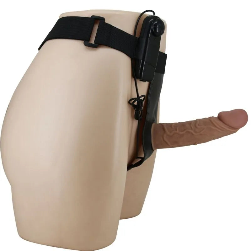 Gode ceinture vibrant marron en silicone, harnais réglable, imperméable, ergonomique, avec vibromasseur silencieux intégré.