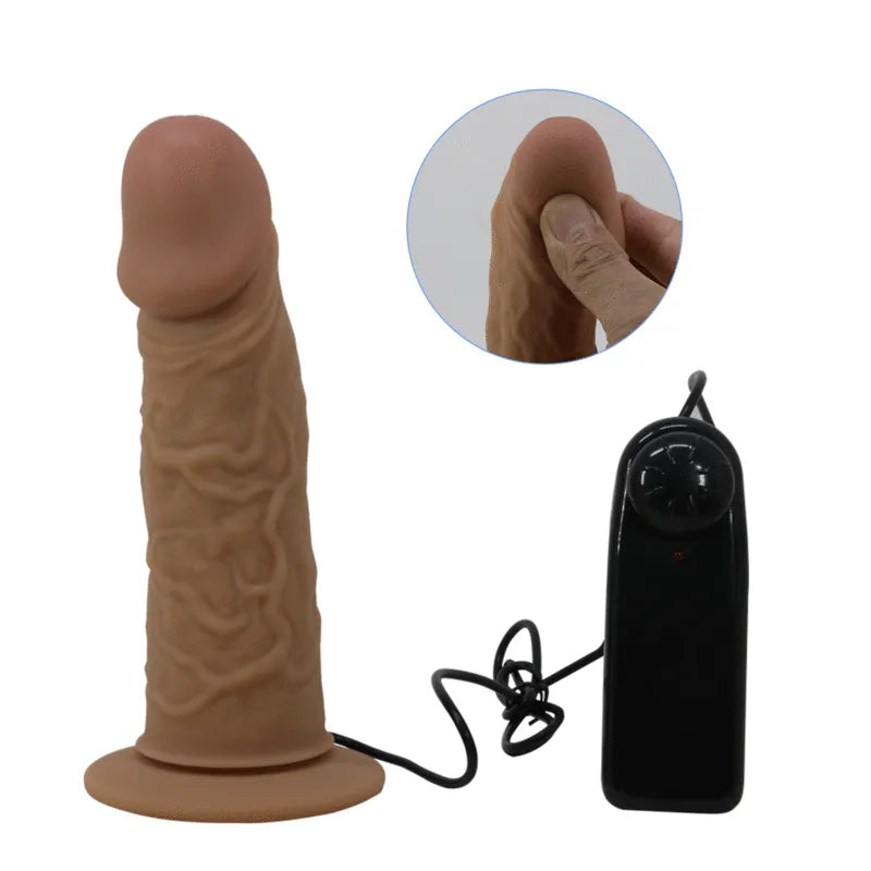 Gode ceinture vibrant marron en silicone, harnais réglable, télécommande noire, design réaliste, imperméable et ergonomique.