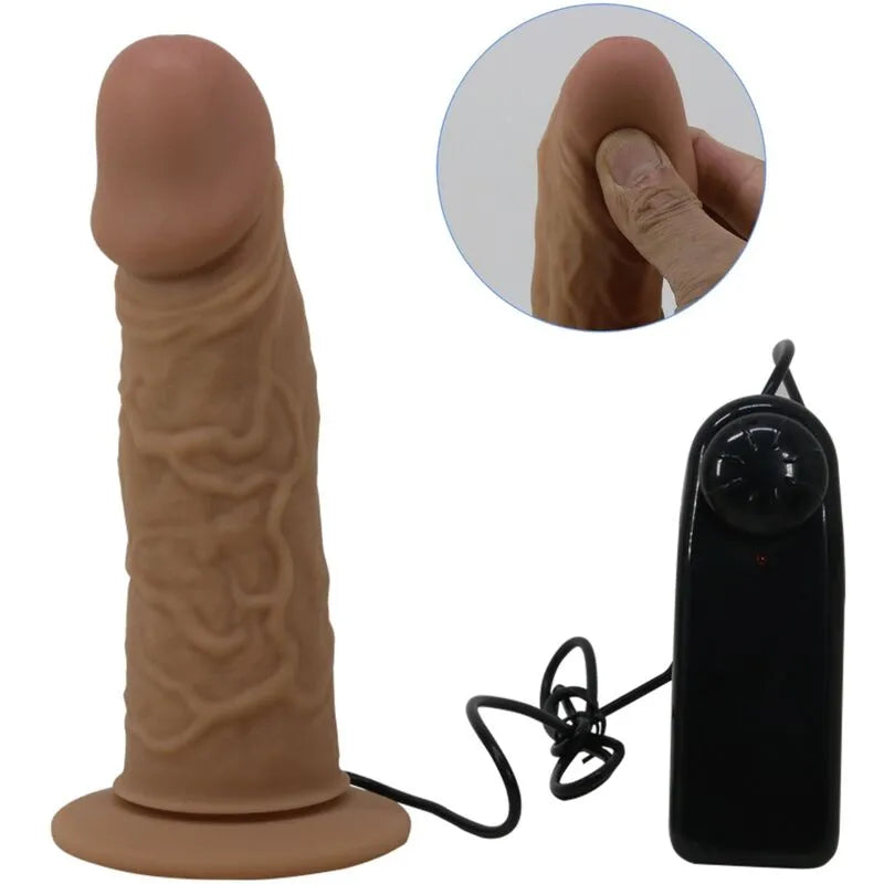 Gode ceinture vibrant marron en silicone, harnais réglable, design ergonomique, imperméable, vibrations puissantes.