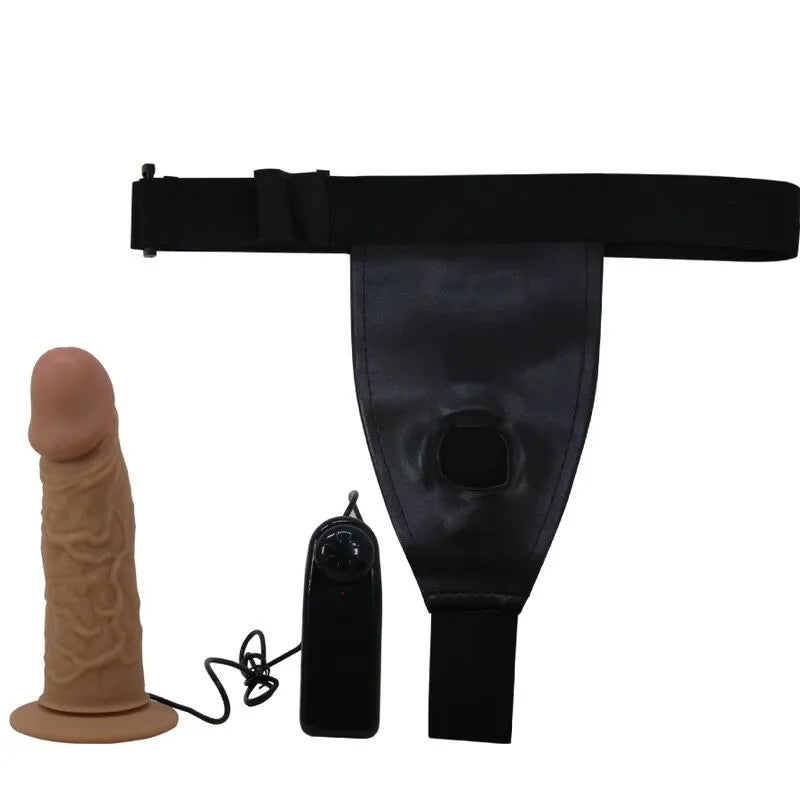 Gode ceinture vibrant silicone marron, harnais réglable noir, télécommande, design ergonomique et imperméable.
