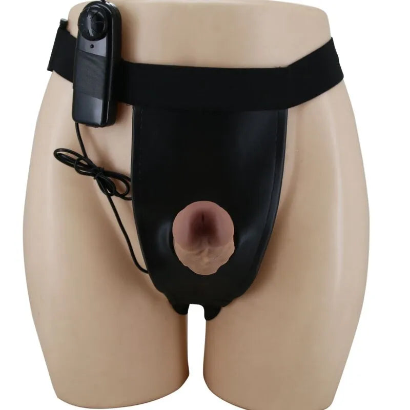 Gode ceinture vibrant marron en silicone, harnais noir réglable, télécommande, design ergonomique et imperméable.