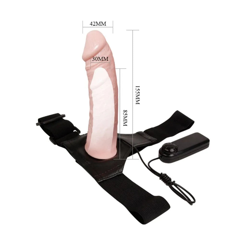 Gode ceinture vibrante rose avec harnais ajustable noir, télécommande noire, dimensions visibles, hypoallergénique.