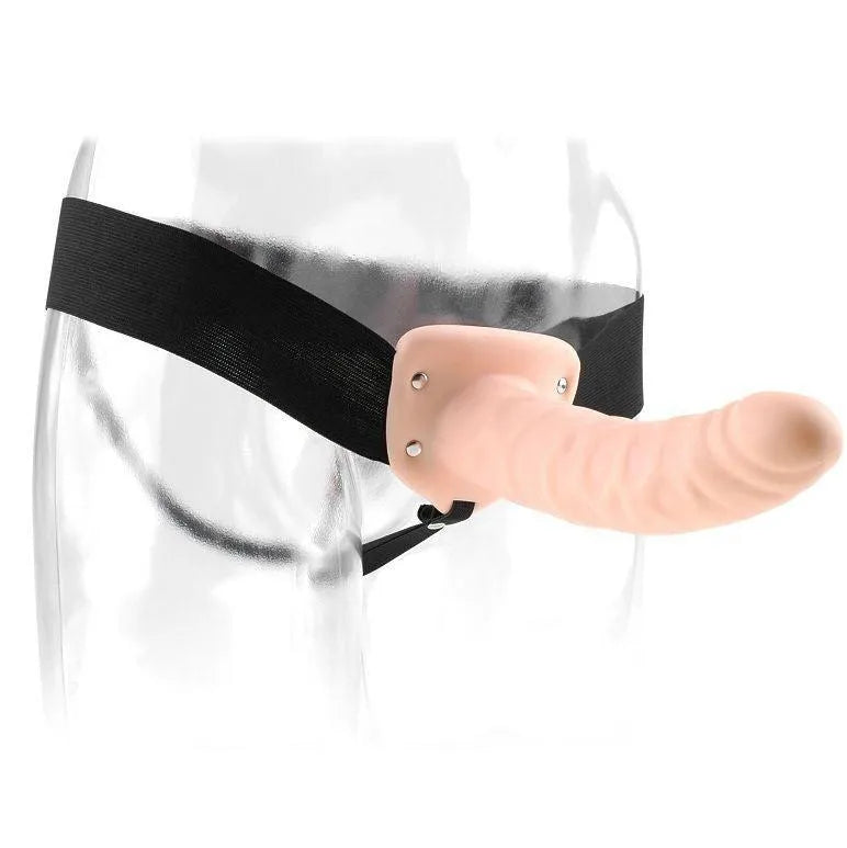 Gode creux strap-on 8 pouces en silicone beige avec harnais noir réglable, stimulation intense, sans phtalates.