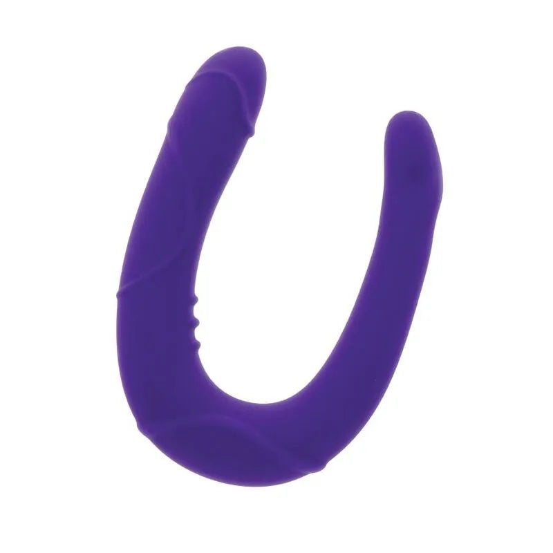 Gode double pénétration en silicone violet, forme en U, texture veinée, ergonomique, hypoallergénique, lavable.