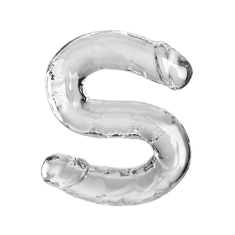 Gode double pénétration translucide, texturé, veiné, en TPE flexible, forme courbée, tête définie, 46 cm, 43 mm diamètre.
