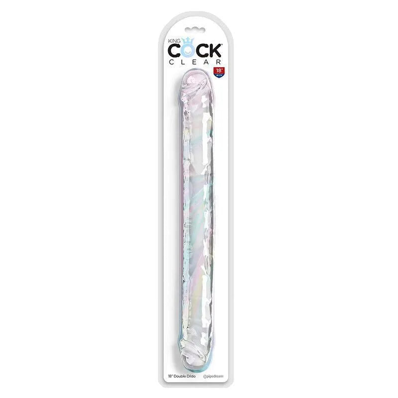 Gode double pénétration translucide, texturé, veiné, tête définie, 46 cm, TPE flexible, emballage transparent.