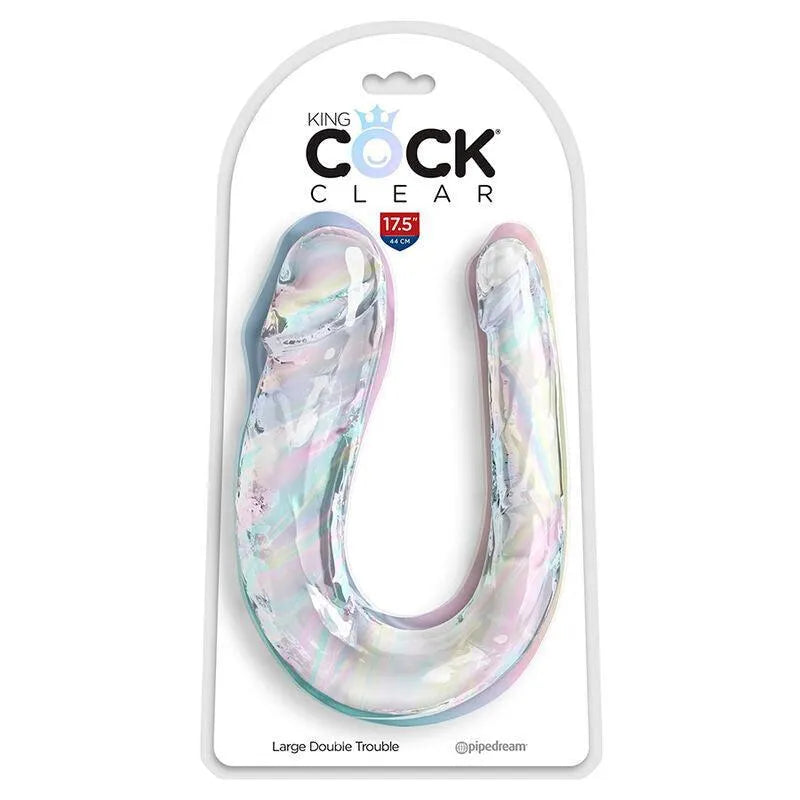 Gode double pénétration translucide TPE souple, veiné, texturé, flexible, pour stimulation intense, en emballage.