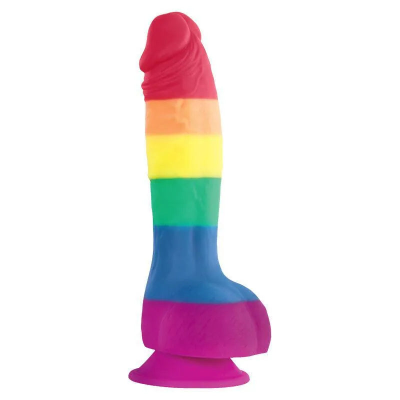 gode silicone satinée arc ciel coloré ventouse robuste mains libres longueur insérable quinze centimètres diamètre six non poreux facile nettoyable