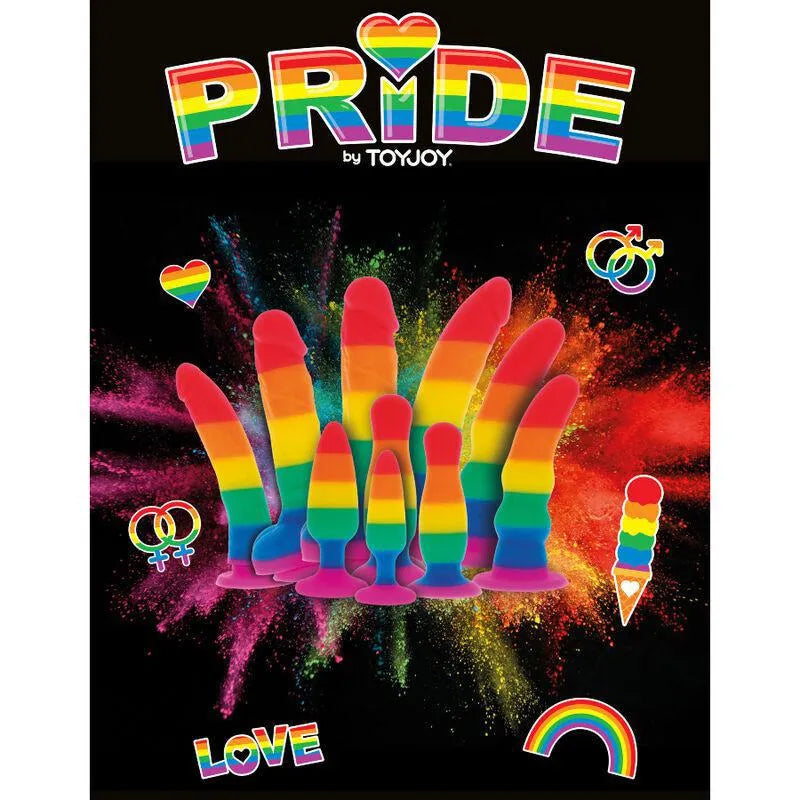 Arc-en-ciel dong silicone avec ventouse, texture satinée, tailles 6 et 8 pouces, inspiré drapeau fierté LGBTQ+.