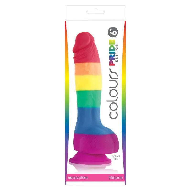 Gode arc-en-ciel en silicone, 15 cm, ventouse robuste, texture satinée, couleurs vives, inspiré du drapeau de la fierté.