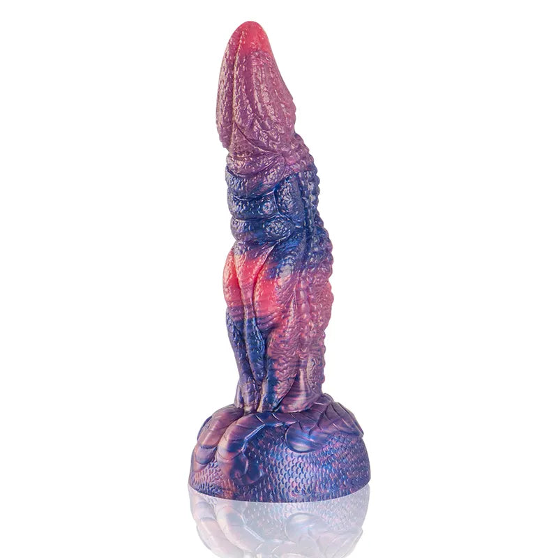 Gode silicone Dionysus coloré, texturé, forme conique, base stable, inspiré mythologie grecque, vibrant et ergonomique.