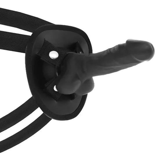 Gode noir en silicone double densité avec harnais similicuir, sangles nylon ajustables, ventouse puissante.