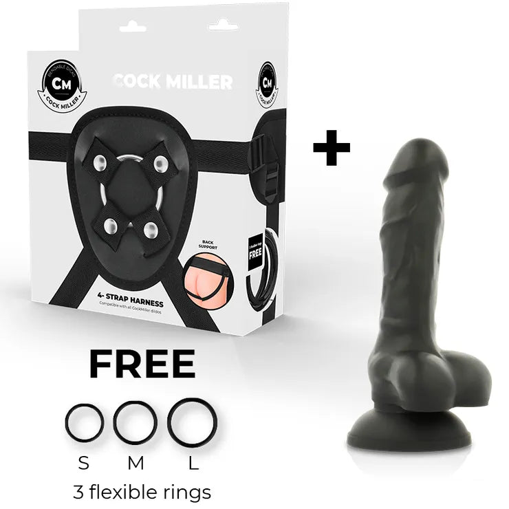 Gode silicone noir double densité articulable avec harnais similicuir et ventouse, hypoallergénique et sans phtalates.