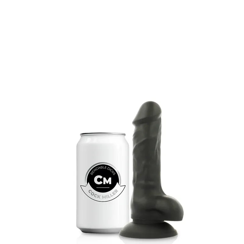 Gode noir en silicone double densité articulable avec ventouse, à côté d'une canette pour comparaison de taille.