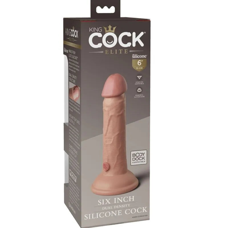 Gode silicone double densité réaliste, couleur chair, ventouse puissante, compatible harnais, emballage King Cock Elite.