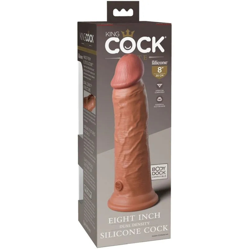 Gode silicone réaliste double densité, couleur chair, ventouse solide, texture peau, 20 cm, emballage King Cock.