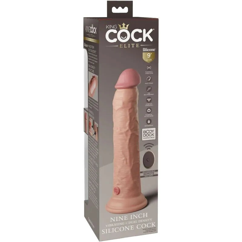 Gode silicone réaliste 24cm, couleur chair, ventouse, télécommande, 10 modes vibration, double densité, étanche.