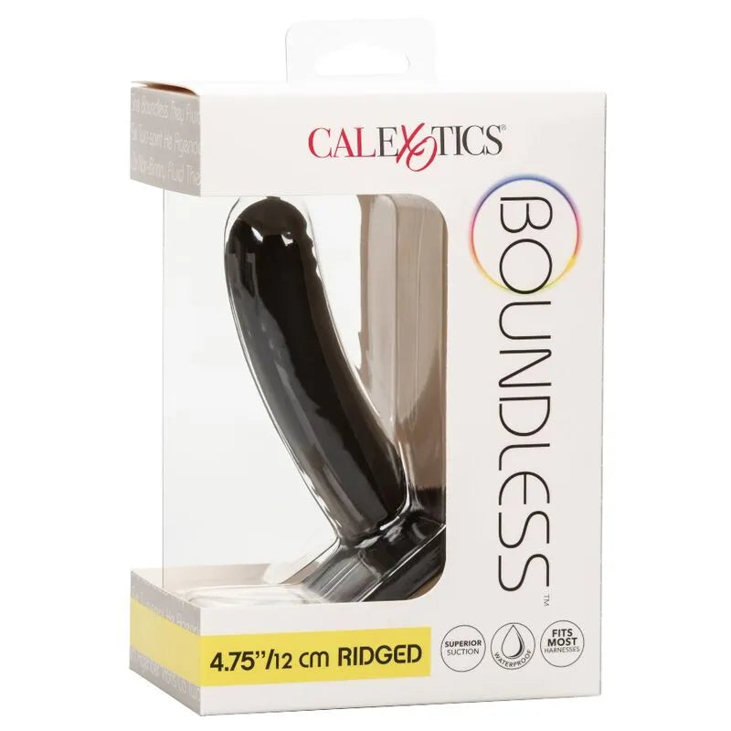 Gode silicone noir incurvé strié avec ventouse robuste, 12 cm, hypoallergénique, dans emballage transparent.