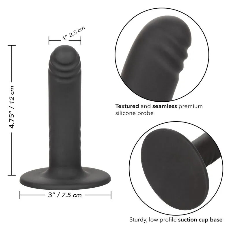 Gode silicone noir incurvé, strié, ventouse robuste, 12cm, diamètre 25mm, hypoallergénique, étanche, ergonomique.