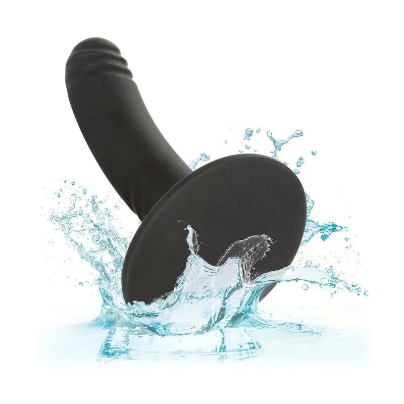 Gode silicone noir incurvé strié avec ventouse, étanche, hypoallergénique, stimulation précise, 12cm x 25mm.