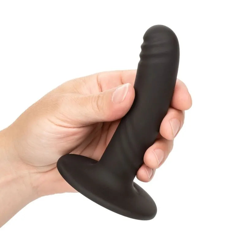 Gode silicone noir incurvé strié avec ventouse robuste, hypoallergénique, ergonomique, pour stimulation interne précise.
