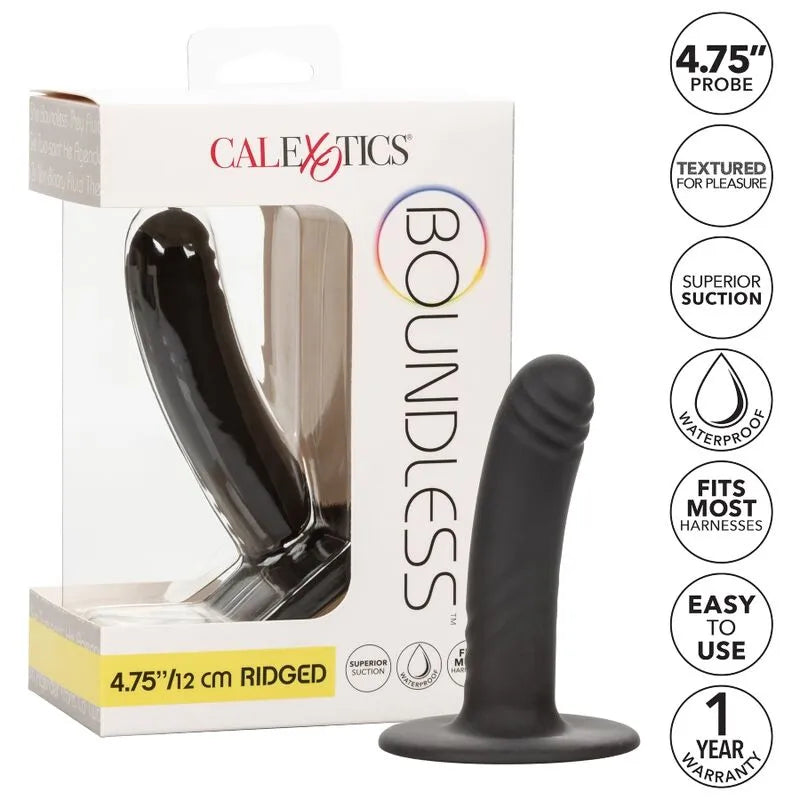 Gode silicone noir incurvé strié avec ventouse, hypoallergénique, étanche, compatible harnais, 12cm, diamètre 25mm.