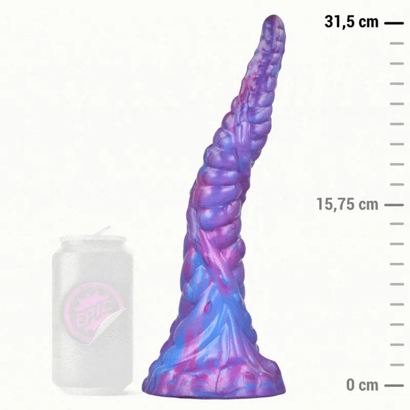 Gode silicone liquide réaliste Nokken, violet et bleu, texture torsadée, ventouse puissante, 31,5 cm, mythologie scandinave.