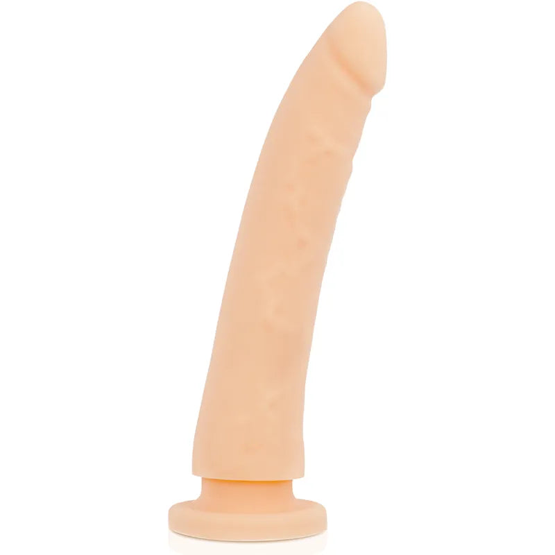Gode silicone médical hypoallergénique beige, 23cm, texture douce, base ventouse, ergonomique, compatible lubrifiants à eau.