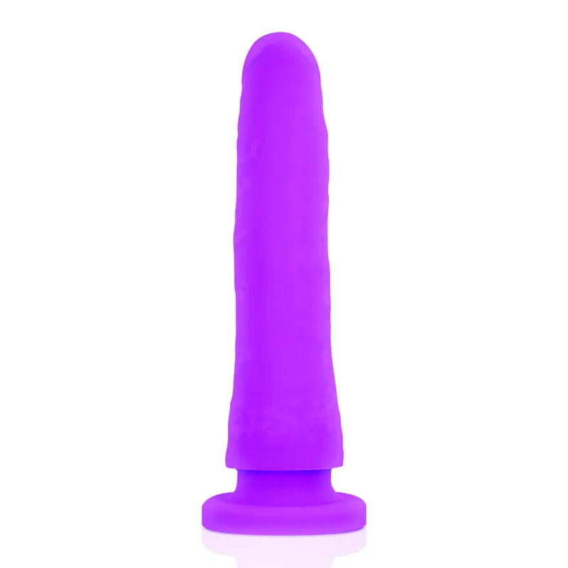 Gode violet en silicone médical, 20cm x 4cm, texture réaliste, base stable, hypoallergénique, sans phtalates ni latex.