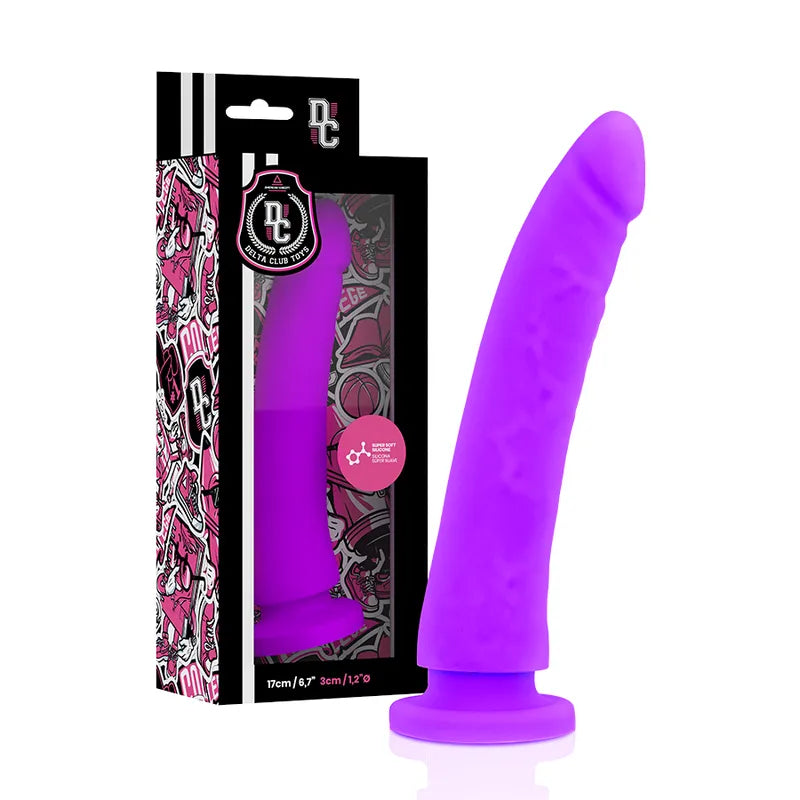 Gode silicone médical violet Deltaclub, texture douce, base ventouse, emballage design, sans phtalates ni latex.