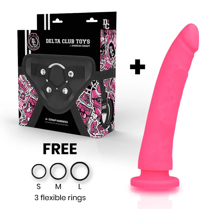 Gode rose en silicone médical, texture soyeuse, 20cm, avec harnais et anneaux, sans phtalates ni latex.