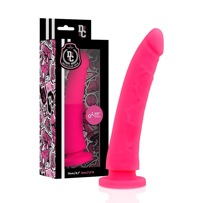 Gode rose en silicone médical, texture réaliste, 17cm x 3cm, hypoallergénique, sans phtalates, avec boîte DELTACLUB©.