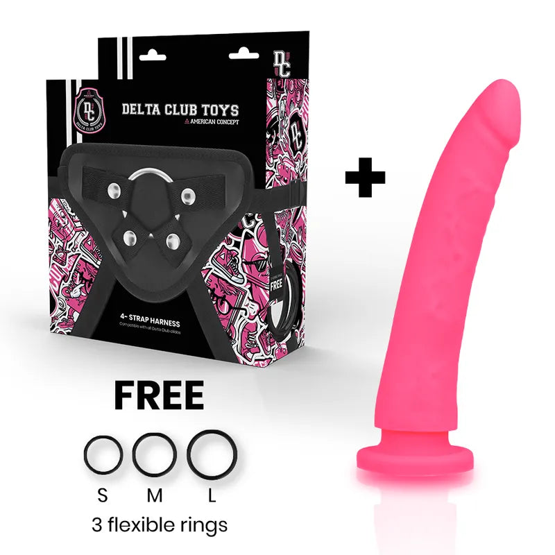 Gode rose en silicone médical 17cm, texture douce, base ventouse, avec emballage DELTACLUB© et anneaux flexibles inclus.