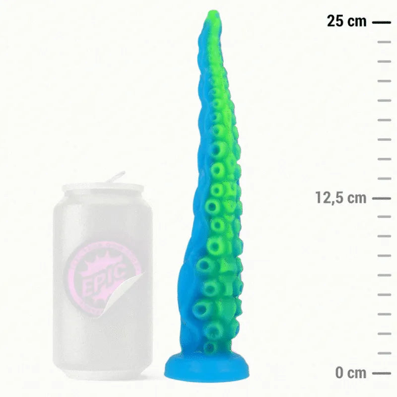 Gode en silicone bleu et vert, forme tentaculaire, pointe fine, base stable, longueur 25 cm, inspiré mythologie grecque.