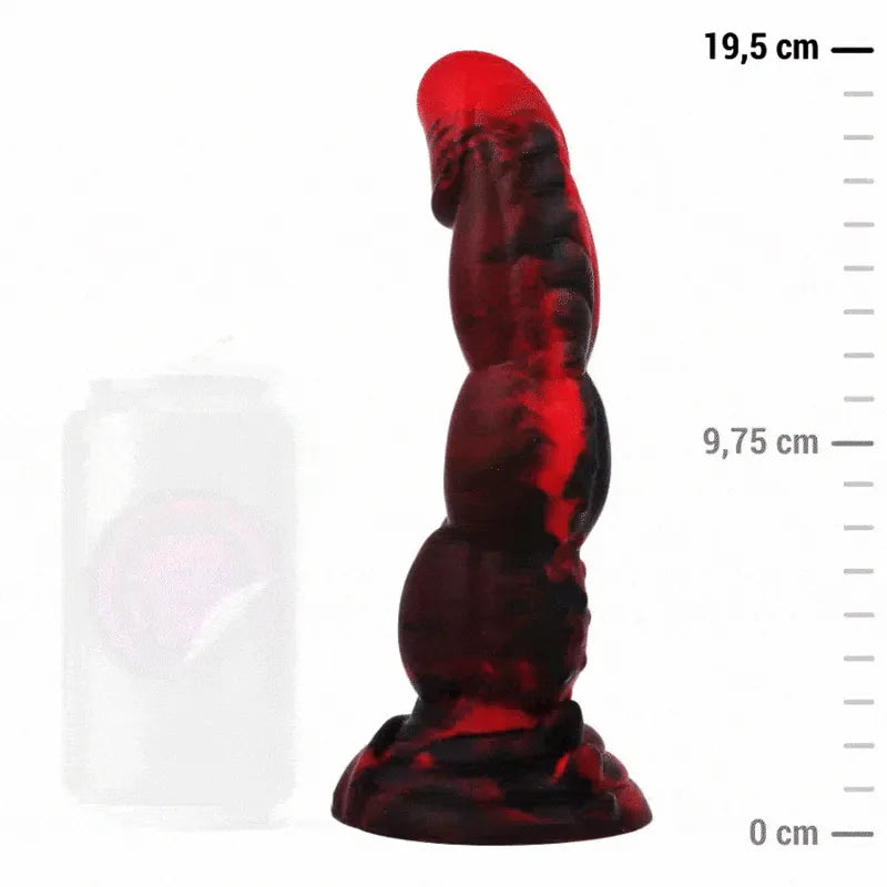 Gode silicone rouge-noir texturé, inspiré mythologie grecque, base large, 19,5 cm, pour plaisir intense et progressif.