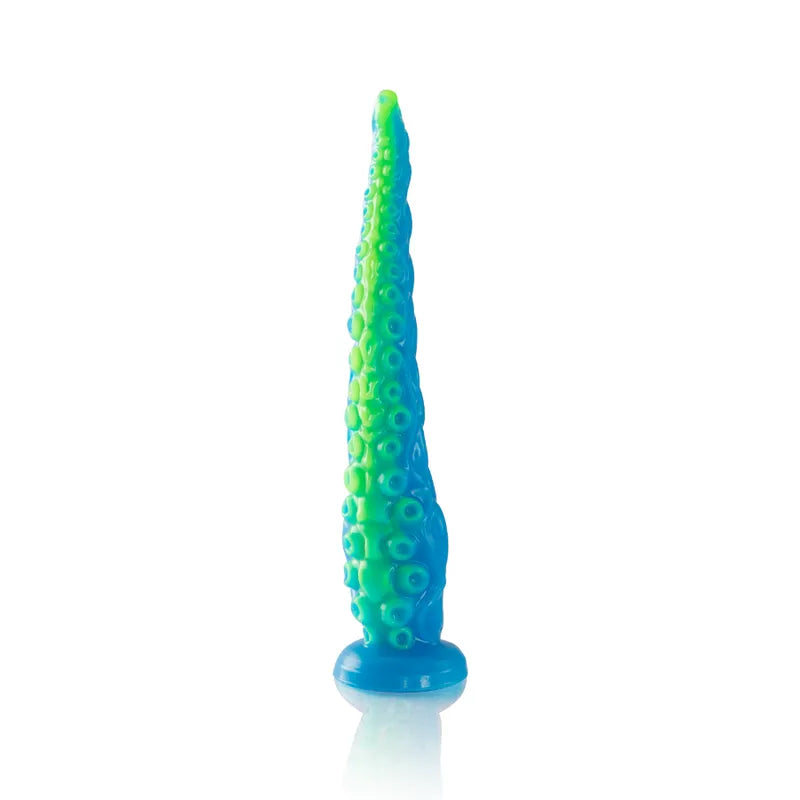 Gode silicone bleu-vert, forme tentacule, base stable, pointe fine, design inspiré mythologie grecque, ergonomique.