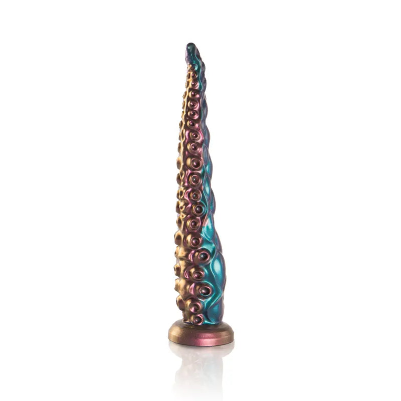 Gode silicone médical mythologie grecque, forme réaliste, couleur bronze et turquoise, base stable, finition lisse.