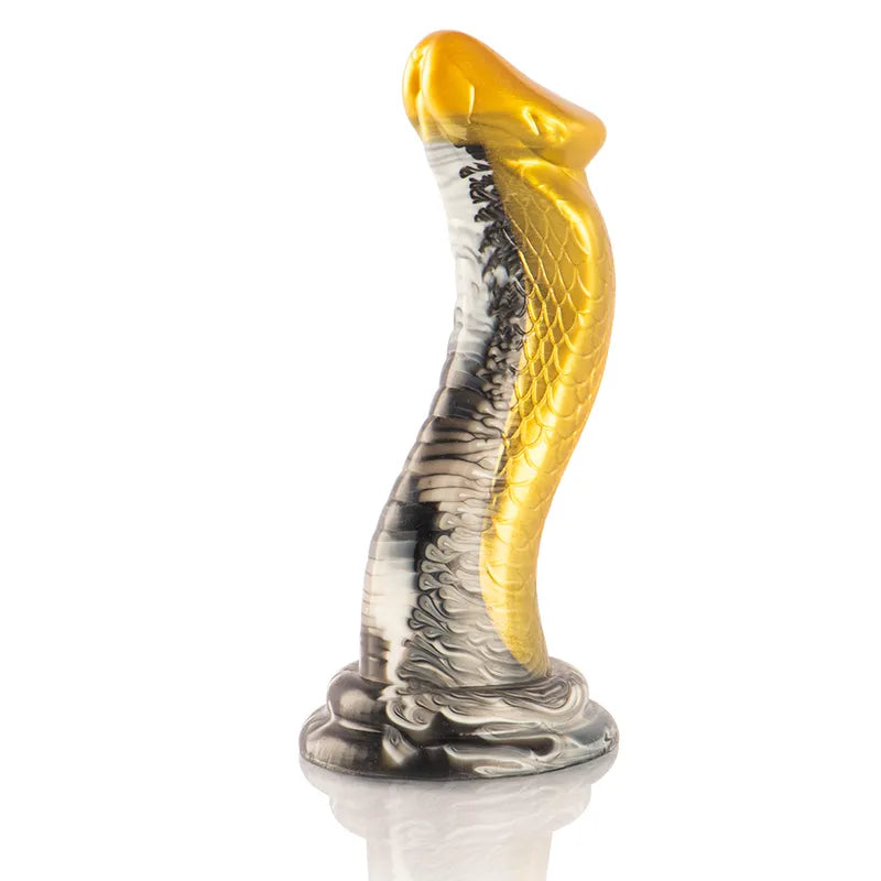Gode en silicone doré et argenté, design drakon mythologique, texture écailleuse, courbe ergonomique pour stimulation préc...