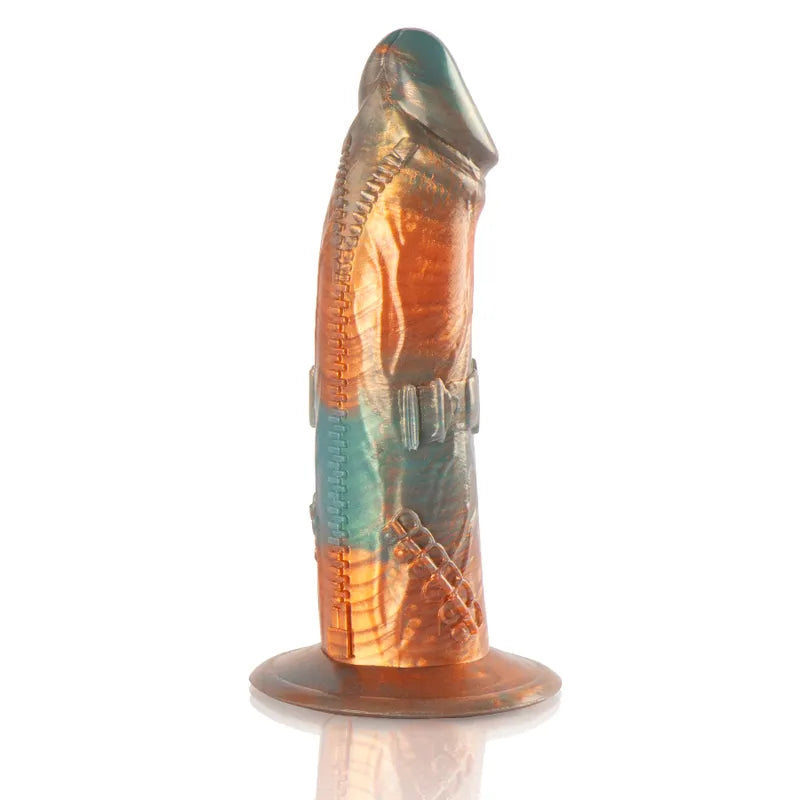 Gode vibrant Talos en silicone, couleurs bronze et turquoise, surface texturée, profilé ergonomique, base stable.